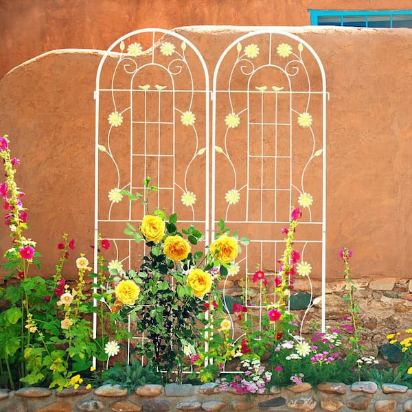 wayofatry 2 Pack 71 in. Height Metal Garden Rustproof Trellis Outdoor Flower Support with Pattern for Climbing Plants in White