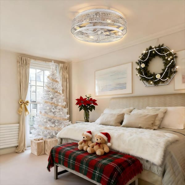 Ltemziiy 18 in. Indoor White Caged Ceiling Fans with Lights and Remote, Flush Mount Ceiling Fan with APP Control for Bedroom