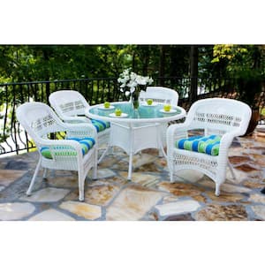Portside White 5-Piece Wicker Outdoor Dining Set with Eastbay Pompeii Cushions