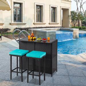 3-Piece Wicker Outdoor Serving Bar Set with Blue Cushions