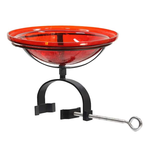 12.5 in. Dia. Round Tomato Red Crackle Glass Birdbath w/Black Wrought Iron Over Rail Bracket