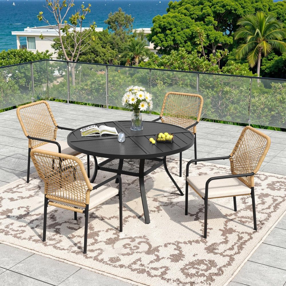 5-Piece Metal Outdoor Patio Dining Set with 40.6 in. Black Round Table and 4 Woven Rattan Chairs with Beige Cushions price history on PriceWatchPro