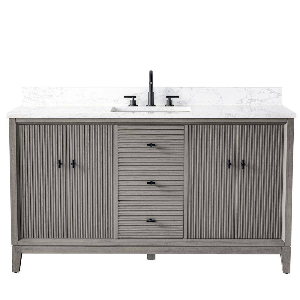 60 in. W x 22 in. D Single Sink Freestanding Driftwood Gray Bath Vanity Cabinet with White Engineered Marble Top