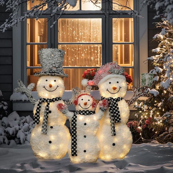 LuxenHome 46 in. 3-Piece Lighted Snowman Family, White Tinsel