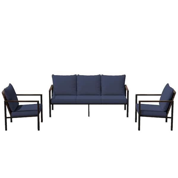 3-Piece Wicker Outdoor Pation Conversation Sofa Set Chaise Lounge with Blue Cushions