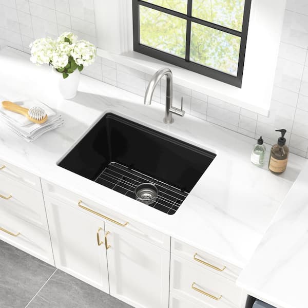 Kichae 21 in. x 18 in. Matte Black Workstation Granite Quartz