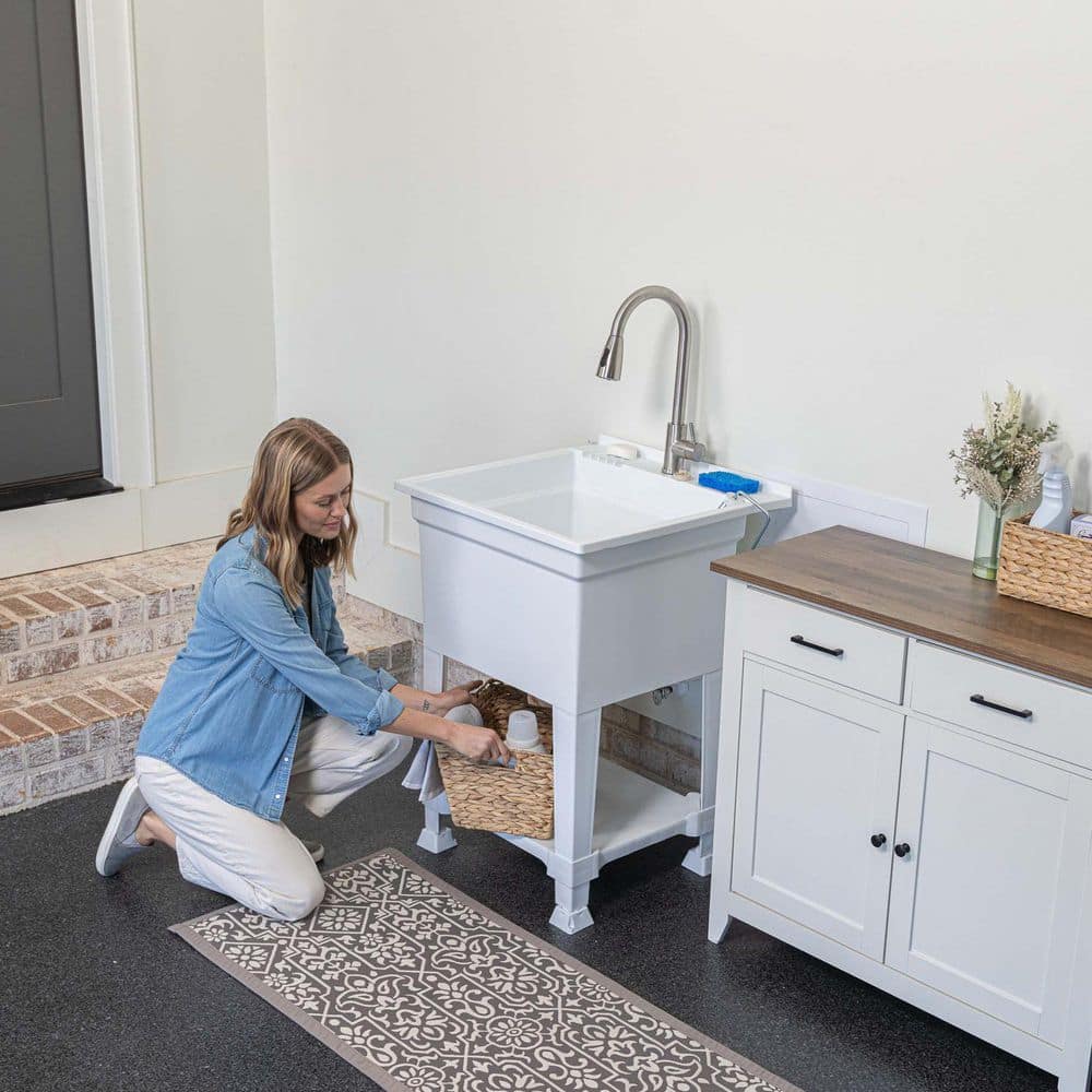 24-Inch White Polypropylene Freestanding Utility Sink with Stainless Steel Faucet