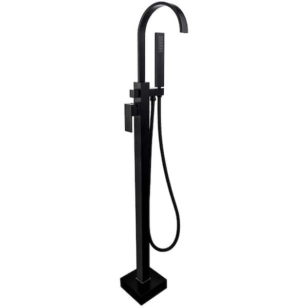 WELLFOR Free Standing Single-Handle Floor Mount Bathroom Tub Faucets with Handheld Shower in Matte Black