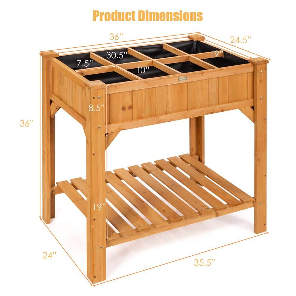 Natural Fir Wood Raised Garden Bed with Liner and Shelf