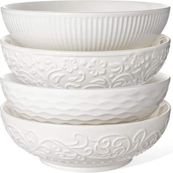 32 fl. oz. White Mixed Embossed Pattern Ceramic Wide Shallow Salad Pasta and Soup Bowl Set (Set of 4)