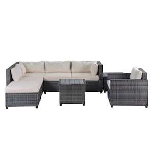 Deep seating High End 8-Piece Gray Wicker Outdoor Sectional Set with Extra Thick Beige Cushions