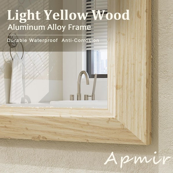 48 in. W x 30 in. H Rectangular Aluminum Alloy Framed & Tempered Glass Wall Bathroom Vanity Mirror in Light Yellow Wood