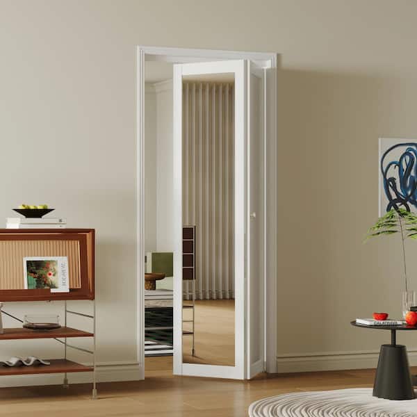 36 in x 80 in 1 Panel, White, Mirrored Glass, Solid Core, MDF, PVC Covering Bi-fold Door with Hardware Kits