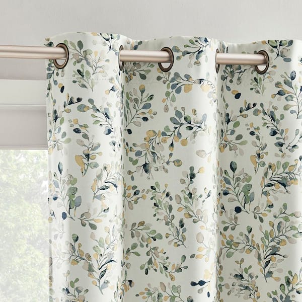 Maureen Painted Botanical Magnetic Closure Blue Layered 40 in. W x 84 in. L Grommet 100% Blackout Curtain (Set of 2)
