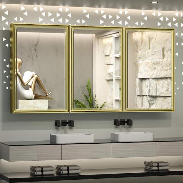 KeonJinn 60 in. W x 30 in. H Rectangular Gold Metal Framed Beveled Surface Mount/Recessed Medicine Cabinet with Mirror