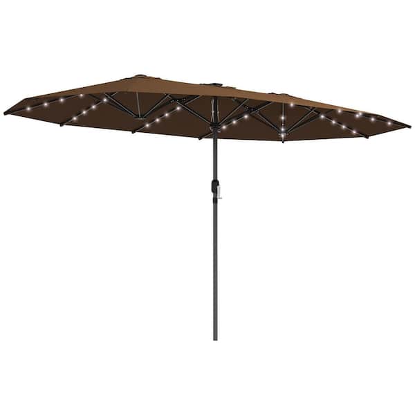14.8 ft. Double Patio Umbrella in Coffee, Large Outdoor Umbrella Sun Shade with LED Solar Light for Garden
