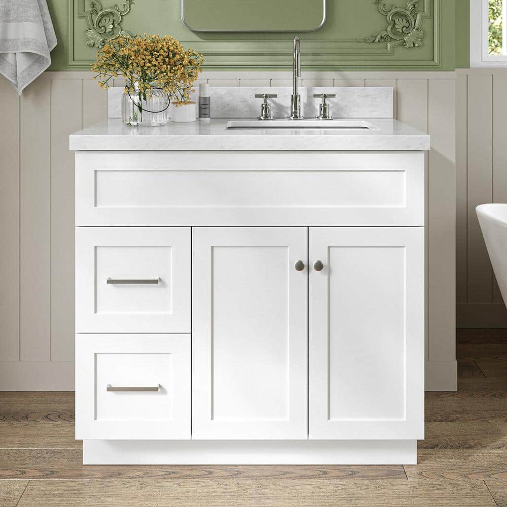 Hamlet 36 in. Single Sink Freestanding Bathroom Vanity in White with Carrara White Marble Top price history on PriceWatchPro