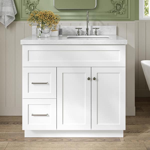 ARIEL Hamlet 37 in. W x 22 in. D x 36 in. H Bath Vanity in White with Carrara Marble Vanity Top