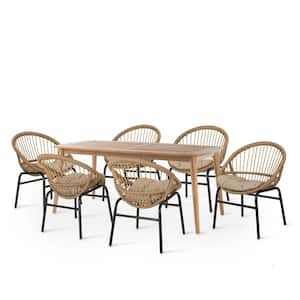 Baynes 7-Piece Wicker and Acacia Wood Outdoor Patio Dining Set with Beige Cushions
