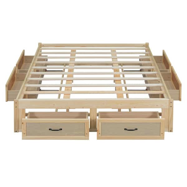 Antique Natural Wood Frame Queen Size Platform Bed with 6 Storage Drawers