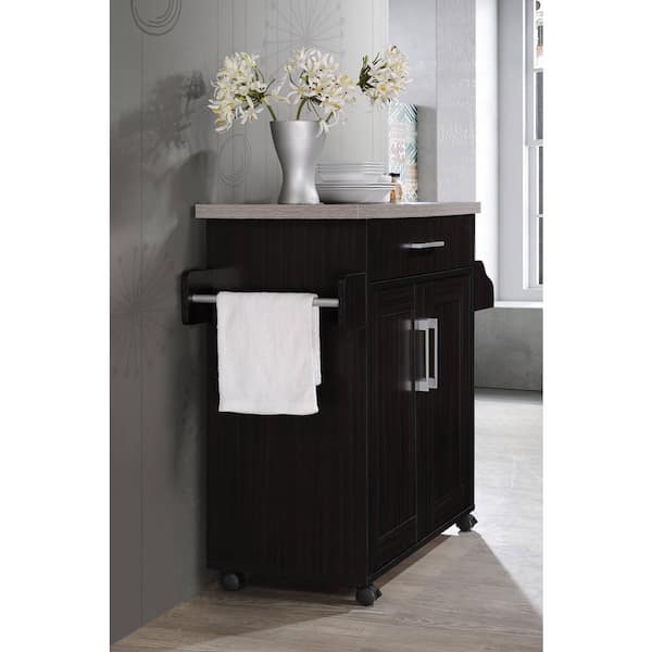HODEDAH Chocolate-Grey Kitchen Island with Spice Rack and Towel