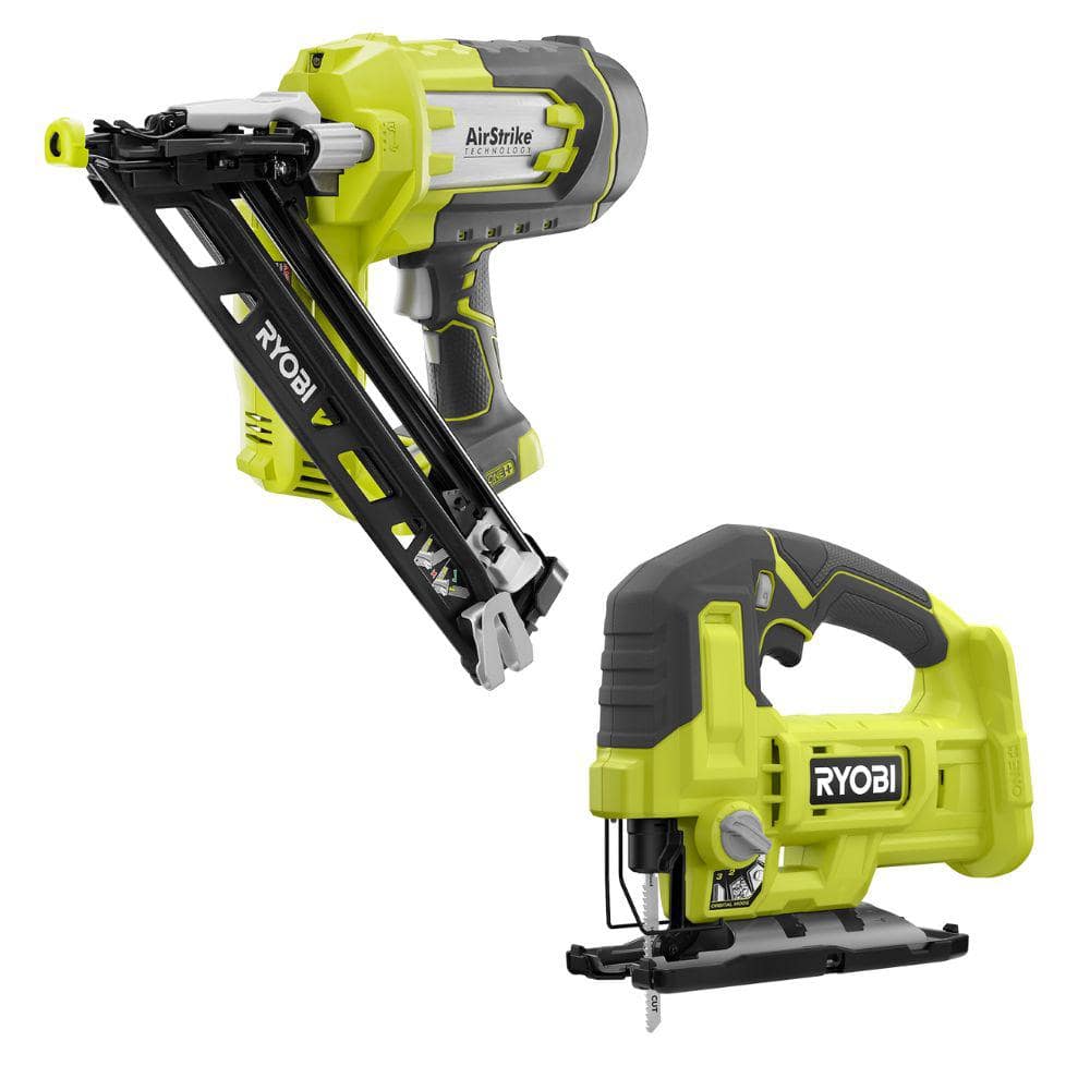 RYOBI ONE+ 18V Cordless AirStrike 15-Gauge Angled Finish Nailer with Cordless Jig Saw (Tools Only) -  P330-PCL525B