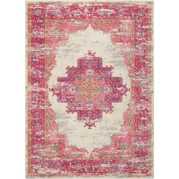 Nourison Passion Ivory/Fuchsia 4 ft. x 6 ft. Bordered Transitional Area Rug