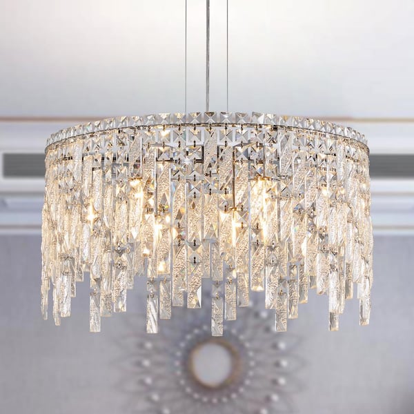 9-light Silver Macrame Crystal Round Chandelier for Living Room and Kitchen Island with No Bulbs Included