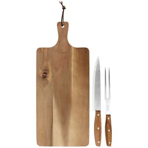 3-Piece Acacia Wood Serving Board with Carving Knife and Fork in Brown