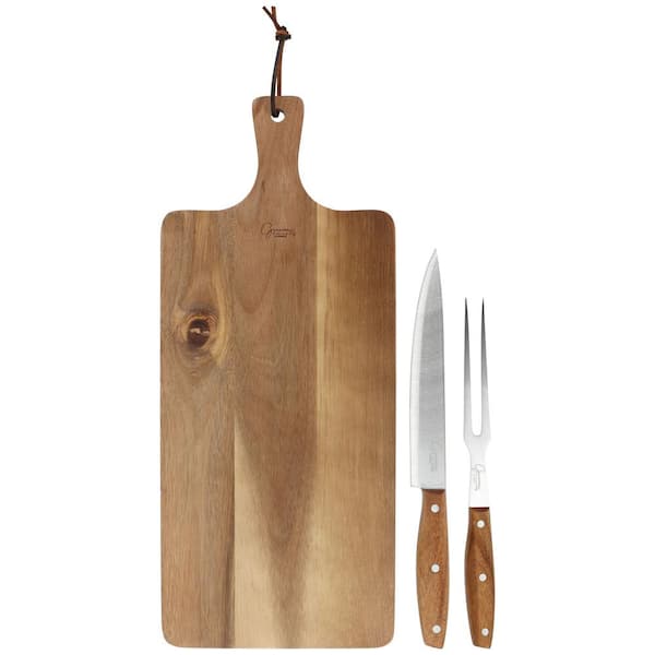 GIBSON elite 3-Piece Acacia Wood Serving Board with Carving Knife and Fork in Brown