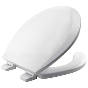 Adjustable Never Loosens Round Enameled Wood Open Front Toilet Seat in White