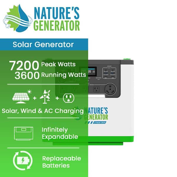 Expandable Lithium 3600-Watt / 7200-Watt Peak Push Button Start Solar Powered Generator