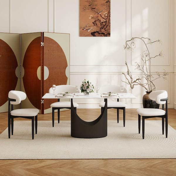 63 in. White Sintered Stone Tabletop with Pedestal Dining Table with Black Base (Seats 6)