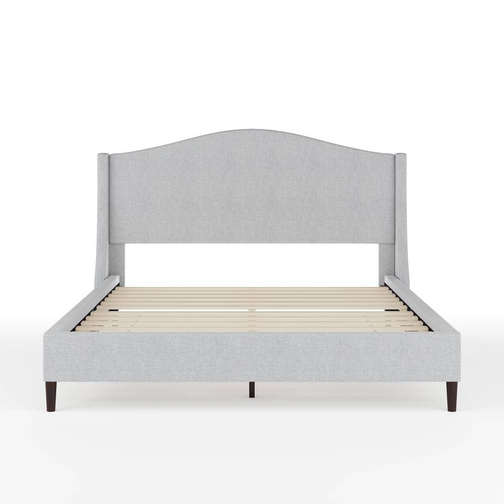 Gray Queen Upholstered Platform Bed with Curved Headboard and Wood Frame