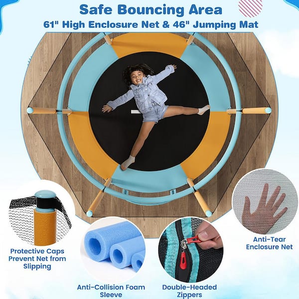 Gymax 60 in. Trampoline for Kids with Gymnastic Bar Rings Foamed