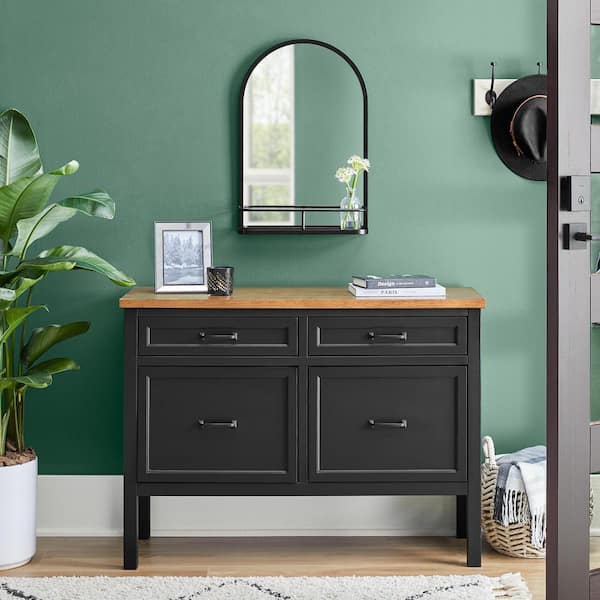 16 in. W x 24 in. H Medium Modern Arched Black Framed Mirror with Shelf