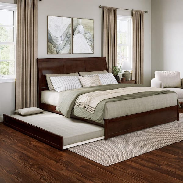 AFI Andorra Walnut Brown Solid Wood Frame King Platform Bed with Panel Footboard and Twin XL Trundle