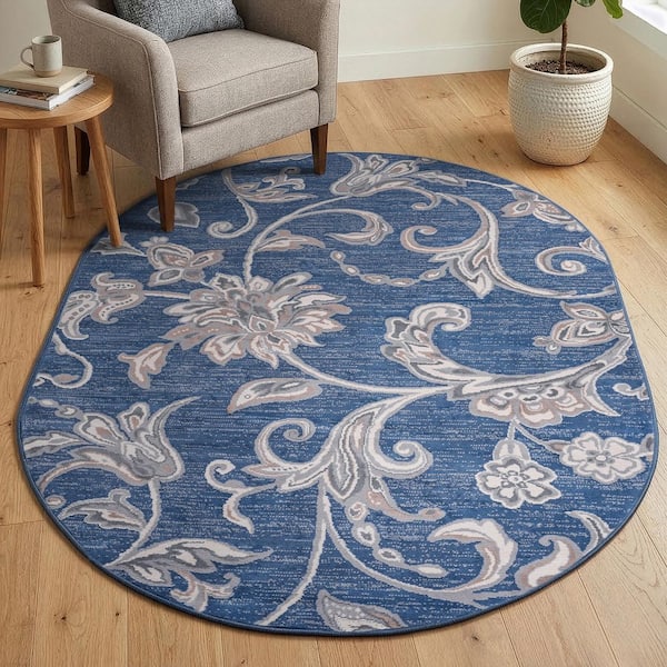Madison Floral Navy 5 ft. x 8ft. Oval Indoor Area Rug