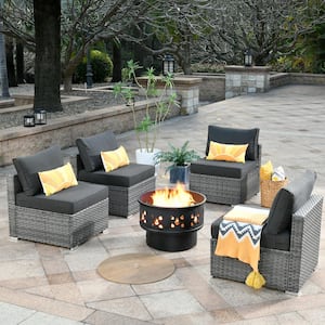 Sanibel Gray 5-Piece Wicker Outdoor Patio Conversation Sofa Chair Set with a Wood-Burning Fire Pit and Black Cushions