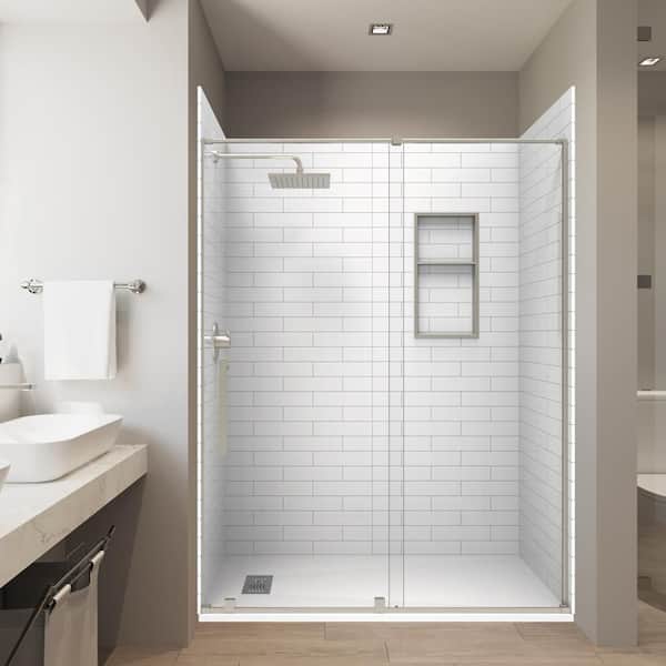 Subway 32in. x 60 in. x 84in. Solid Composite Stone Alcove Shower Combo Kit Matching Brushed Nickel Door,Niche and Drain