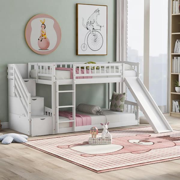 Qualler White Stairway Twin Over Twin Bunk Bed with 2-Drawers and Slide