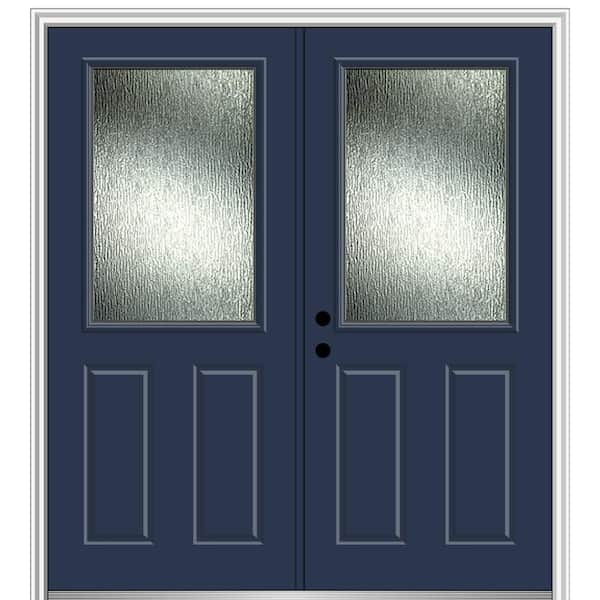 MMI DOOR Rain Glass 64 in. x 80 in. Right-Hand Inswing Painted Revival Blue Fiberglass Prehung Front Door on 4-9/16 in. Frame