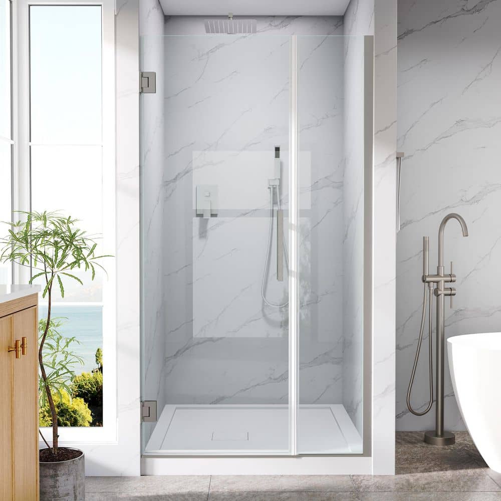 "UNIFIT 38-39 in. W x 72 in. H Hinged Frameless Shower Door in Brushed Nickel with 3/8"" SGCC Clear Tempered Glass" price history on PriceWatchPro