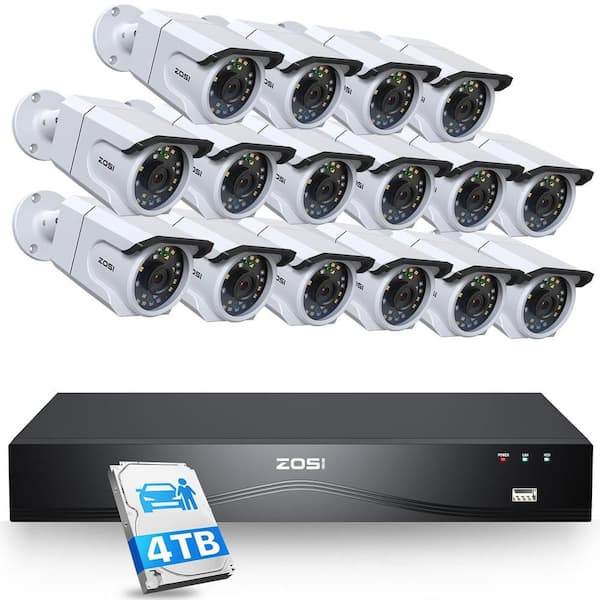 4K 8MP 16-Channel 4TB POE NVR Security Camera System with 16 Wired Outdoor Bullet Cameras, 32CH Expandable, White