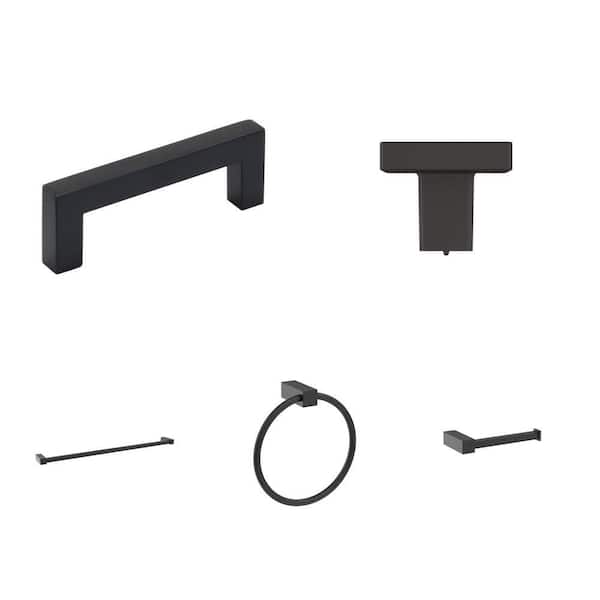 Monument Matte Black Hardware Set: 3 in. Bar Pull, 1-3/16 in. Knob, 24 in. Towel Bar, Towel Ring and TP Holder