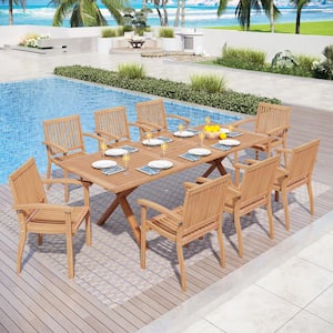 Brown 9-Piece Outdoor Dining Set with Acacia Wood Extendable Table and Acacia wooden Chairs