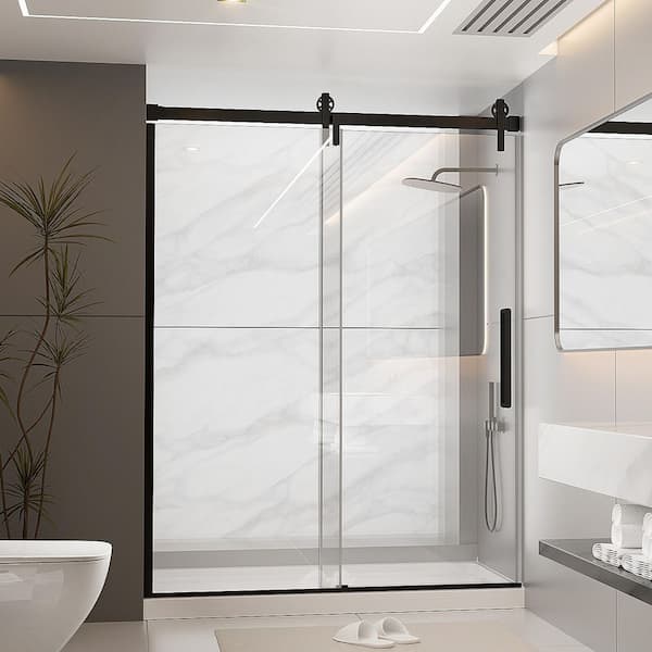 59 in. W x 75 in. H Frameless Sliding Shower Door in Matte Black with 5/16 in. Clear Glass