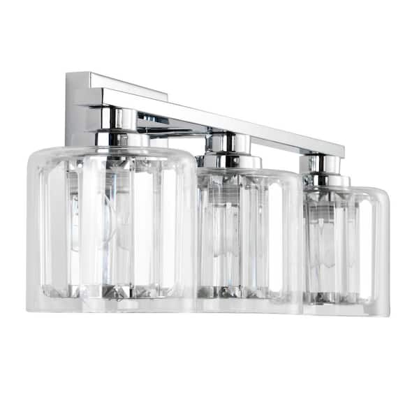 ExBrite Merrin 22.2 in. 3-Light Chrome Bathroom Vanity Light with Crystal Shades