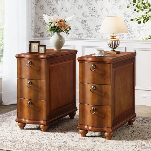 Kerlin 23.62" in. W 2 PCS Walnut Brown Fully Assembled Rectangle Wood End Side Bedside 3-Drawers Nightstand Sets of 2