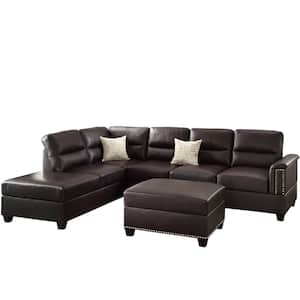 Naples 78 in. 3-Piece L-Shape Faux Leather Sectional in Brown Espresso with Reversible Chaise and Ottoman